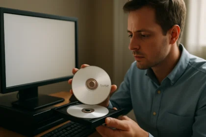 Férfi DVD-R lemez bízva, kész a számítógép előtt.