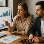 Két ember, aki adatokat elemz egy infografikával ellátott monitor előtt.