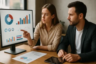 Két ember, aki adatokat elemz egy infografikával ellátott monitor előtt.
