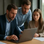 Három szakember laptopon dolgozik, szerepkör bányászat és jogosultságkezelés témában.