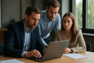 Három szakember laptopon dolgozik, szerepkör bányászat és jogosultságkezelés témában.