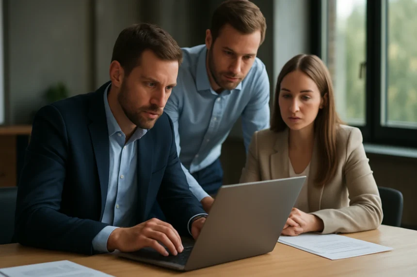 Három szakember laptopon dolgozik, szerepkör bányászat és jogosultságkezelés témában.