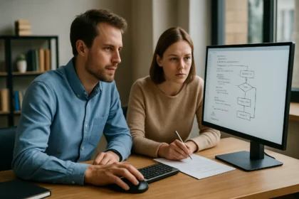 Két programozó a pszeudokódot elemzi számítógép előtt.