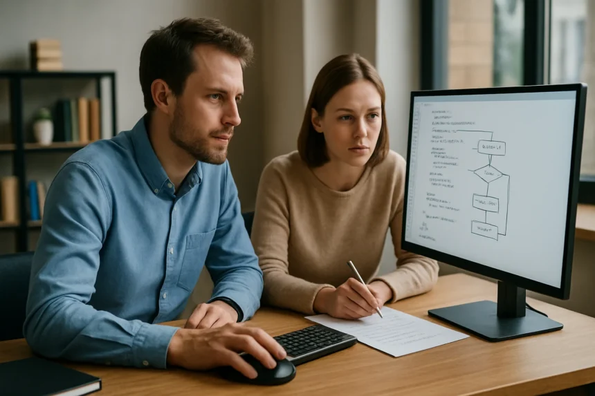 Két programozó a pszeudokódot elemzi számítógép előtt.