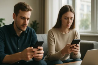 Két fiatal, akik mobiltelefonokat használva közösségi médiát böngésznek.