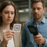 Nő RFID címkét tart a kezében, férfi olvasót használ.