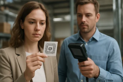 Nő RFID címkét tart a kezében, férfi olvasót használ.