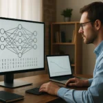 Mélytanulás neurális hálózati diagramja, férfi a számítógép előtt.
