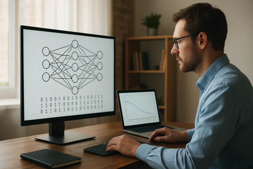 Mélytanulás neurális hálózati diagramja, férfi a számítógép előtt.