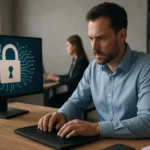 Férfi számítógépen dolgozik PKI biztonsági infrastruktúra témában