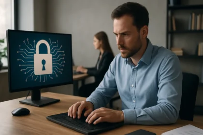 Férfi számítógépen dolgozik PKI biztonsági infrastruktúra témában