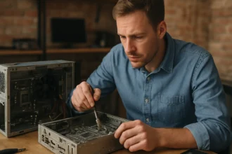 Szakember számítógép szerelése és helyreállítása bare metal folyamat során.