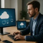 Férfi számítógéppel dolgozik felhőalapú asztali szolgáltatással.