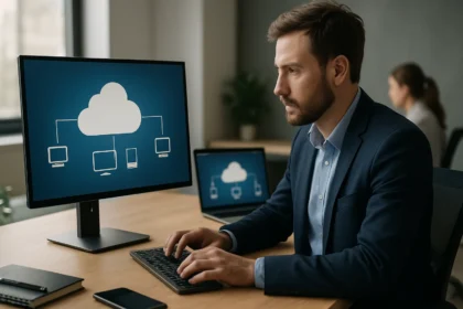 Férfi számítógéppel dolgozik felhőalapú asztali szolgáltatással.