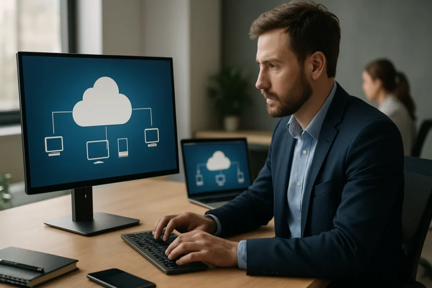 Férfi számítógéppel dolgozik felhőalapú asztali szolgáltatással.
