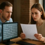 Két ember adatokat elemez egy számítógép előtt, figyelmesen nézik a paritásbitet.