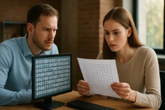 Két ember adatokat elemez egy számítógép előtt, figyelmesen nézik a paritásbitet.