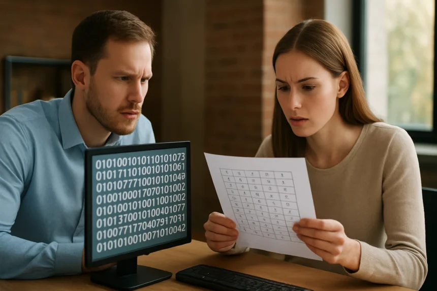 Két ember adatokat elemez egy számítógép előtt, figyelmesen nézik a paritásbitet.