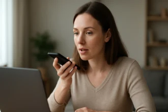 Nő hangfelismerés alkalmazással beszél egy mobiltelefonba.