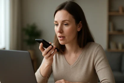 Nő hangfelismerés alkalmazással beszél egy mobiltelefonba.