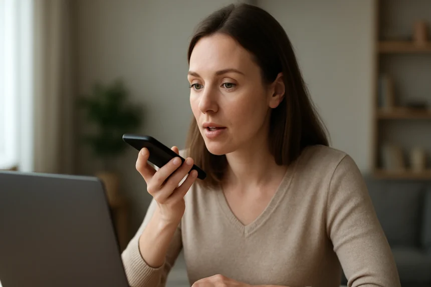 Nő hangfelismerés alkalmazással beszél egy mobiltelefonba.