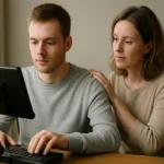 Férfi számítógép előtt, női támogató mellett segítő technológiával