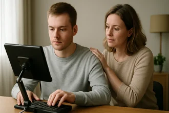 Férfi számítógép előtt, női támogató mellett segítő technológiával