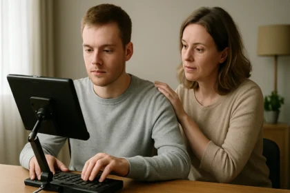 Férfi számítógép előtt, női támogató mellett segítő technológiával