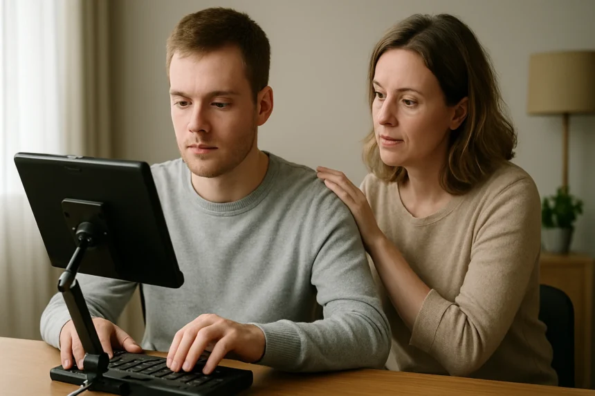 Férfi számítógép előtt, női támogató mellett segítő technológiával