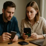 Két ember adatmeghajtókat vizsgál, HDD és SSD választás előtt.