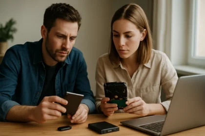 Két ember adatmeghajtókat vizsgál, HDD és SSD választás előtt.