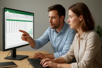 Két személy Excel táblázatot elemz egy számítógép képernyőjén.