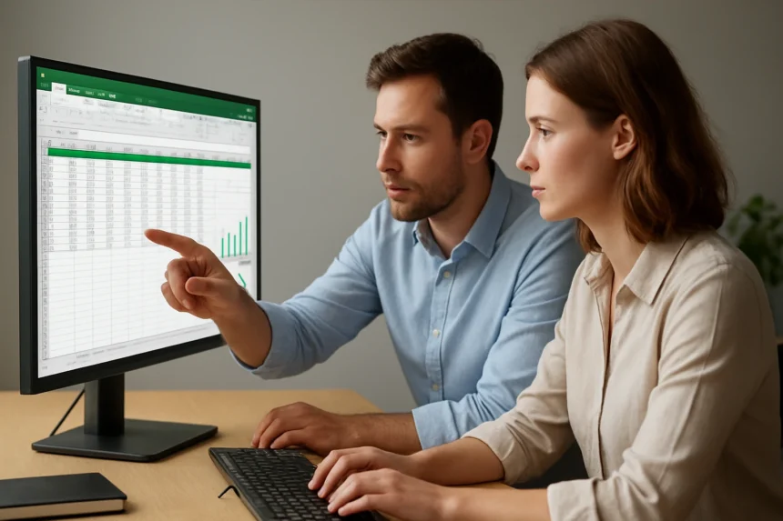 Két személy Excel táblázatot elemz egy számítógép képernyőjén.