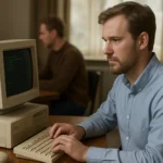 Férfi dolgozik klasszikus számítógépen kék ingben