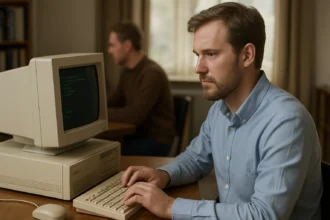 Férfi dolgozik klasszikus számítógépen kék ingben