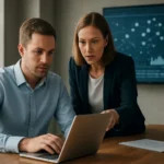 Két szakember együtt dolgozik az SAP Data Services adatintegráción.