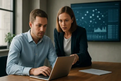 Két szakember együtt dolgozik az SAP Data Services adatintegráción.