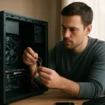 Férfi számítógép alkatrészek beszerelésével foglalkozik