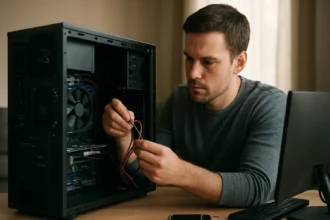 Férfi számítógép alkatrészek beszerelésével foglalkozik