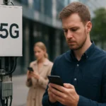 Férfi 5G hálózati antennánál okostelefonnal a kezében.