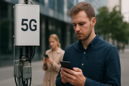 Férfi 5G hálózati antennánál okostelefonnal a kezében.