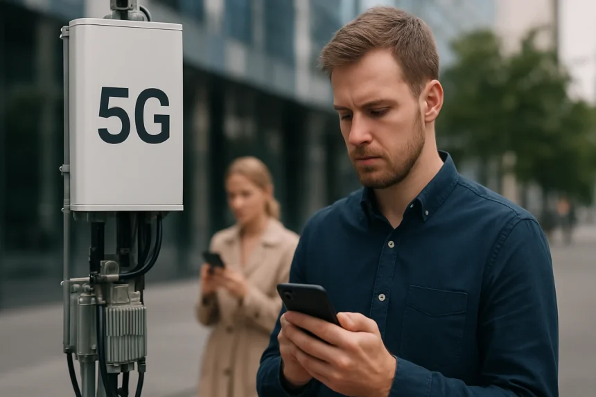 Férfi 5G hálózati antennánál okostelefonnal a kezében.