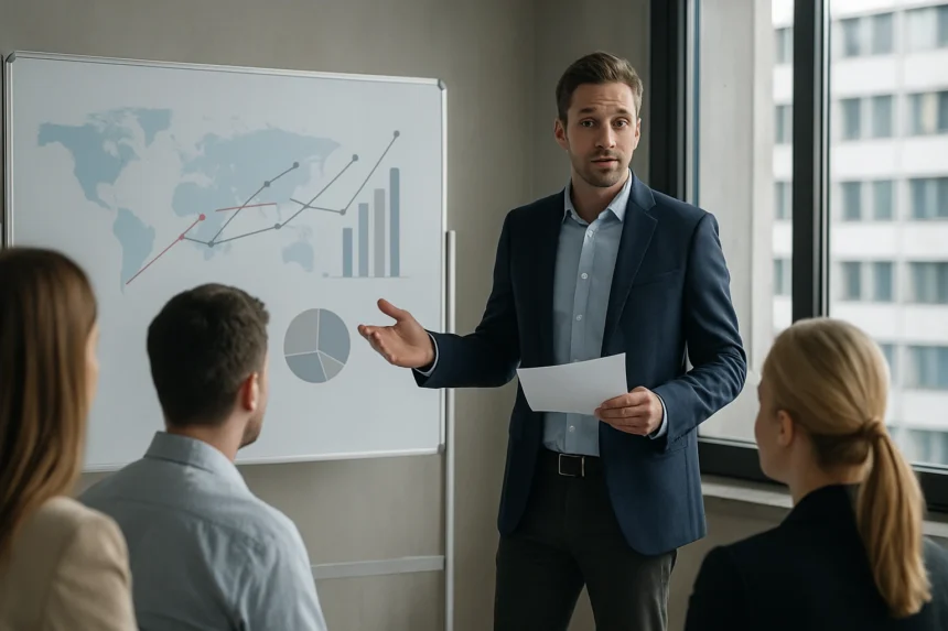 A férfi prezentál makrotrendekről egy üzleti megbeszélésen.