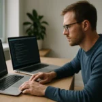 Férfi, aki kódolás közben két laptopot használ egy asztalon.