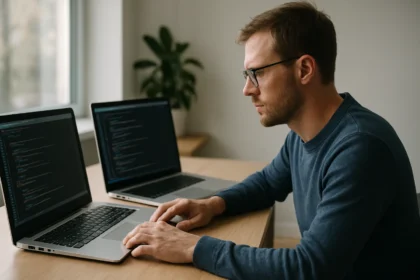 Férfi, aki kódolás közben két laptopot használ egy asztalon.