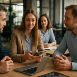 Két üzletember és egy üzletasszony beszélget a digitális ügyfélkapcsolatokról