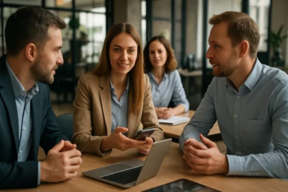 Két üzletember és egy üzletasszony beszélget a digitális ügyfélkapcsolatokról