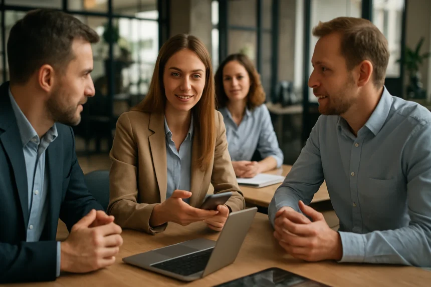 Két üzletember és egy üzletasszony beszélget a digitális ügyfélkapcsolatokról