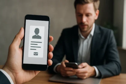 Elektronikus névjegykártya megjelenítése okostelefonon.