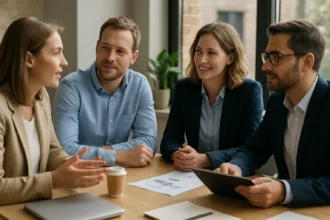 Négy felnőtt üzletember beszélgetés közben egy asztalnál ülve.